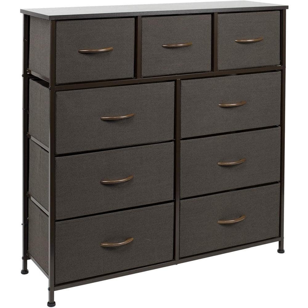39.5 in. L x 11.5 in. W x 39.5 in. H 9-Drawer Brown Rustic Dresser with Steel Frame Wood Top Easy Pull Fabric Bins