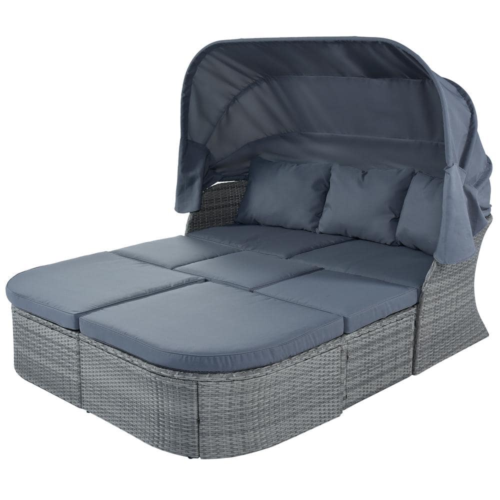 Wicker Outdoor Day Bed with Retractable Canopy, Patio Furniture Set Daybed 