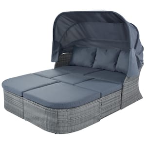 Wicker Outdoor Day Bed with Retractable Canopy, Patio Furniture Set Daybed Sunbed with Gray Cushions