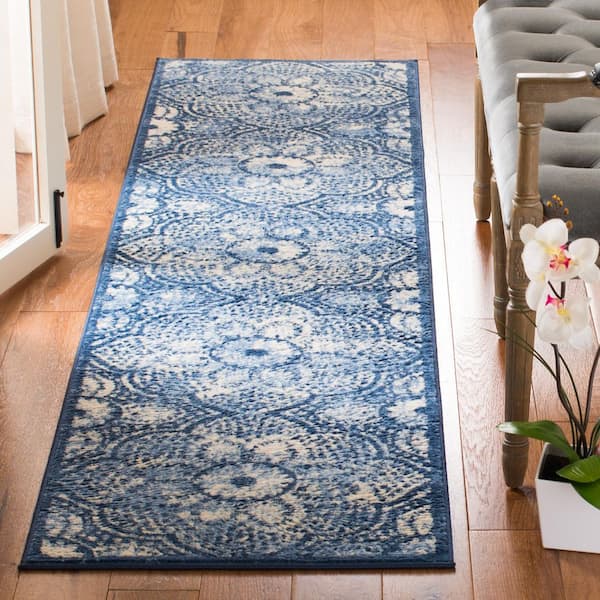 Martha Stewart 2 ft. x 10 ft. Navy/Creme Floral Kaleidoscope Runner Rug