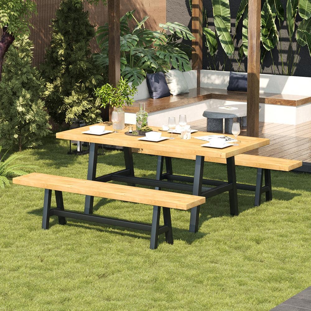 3-Piece Acacia Wood Outdoor Dining Set, Outdoor Dining Set, with 1-Rectangular Table and 2-Benches
