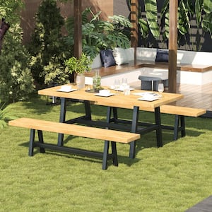 3-Piece Acacia Wood Outdoor Dining Set, Outdoor Dining Set, with 1-Rectangular Table and 2-Benches