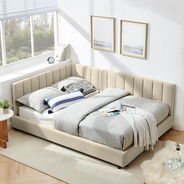 Velvet Upholstered Beige Wood Frame Full Size Platform Bed with Backrest and Armrest