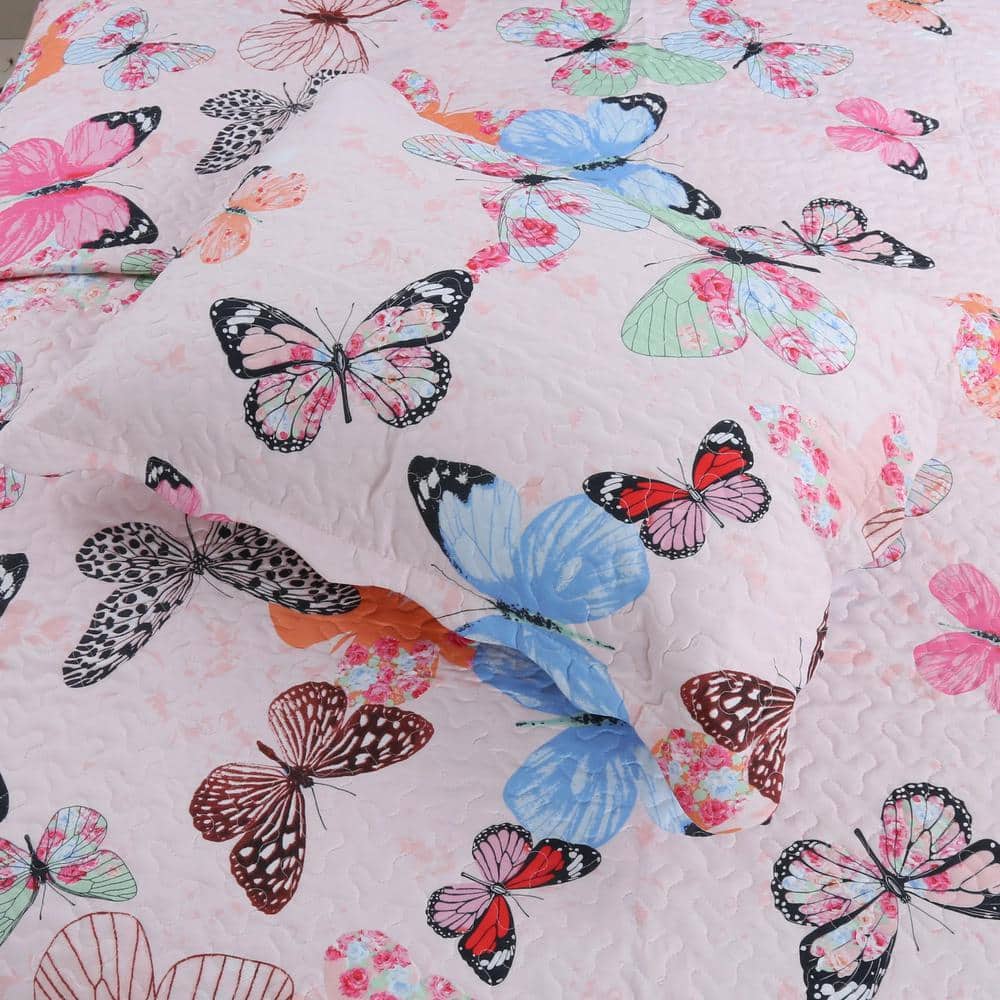 Full/Queen Pink Butterfly Microfiber Kids Quilt Set