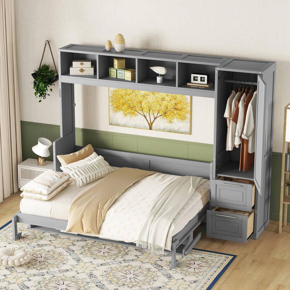 White Multifunctional Wood Frame Full Size Murphy Bed with Closet and Drawers - thumbnail 10
