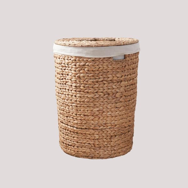 Jeedeson Natural Brown Round Tall Water Hyacinth Woven Wicker Laundry Hamper with Lid (18 in. x 18 in. x 23 in.)