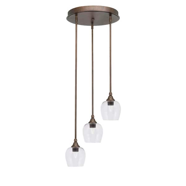 Unbranded Villa 60-Watt 15 in. 3 Light Bronze Stem Pendant Light with 6 in. Clear Bubble Glass Shade No bulbs included