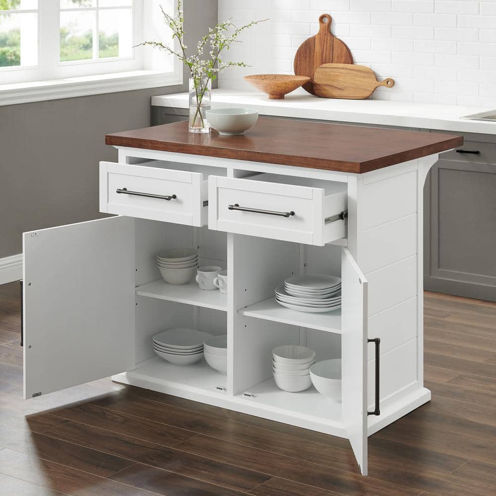White and Walnut Wood Top Kitchen Island with Storage