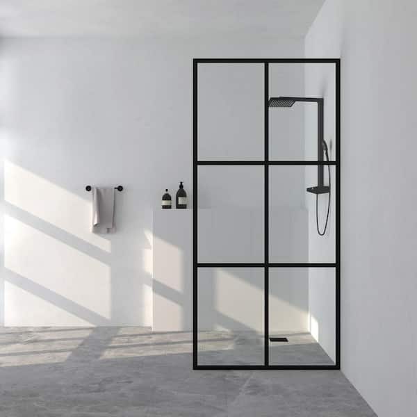 TaiMei 34 in. W x 72 in. H Fixed Framed Shower Door in Matte Black Finish with Patterned Glass