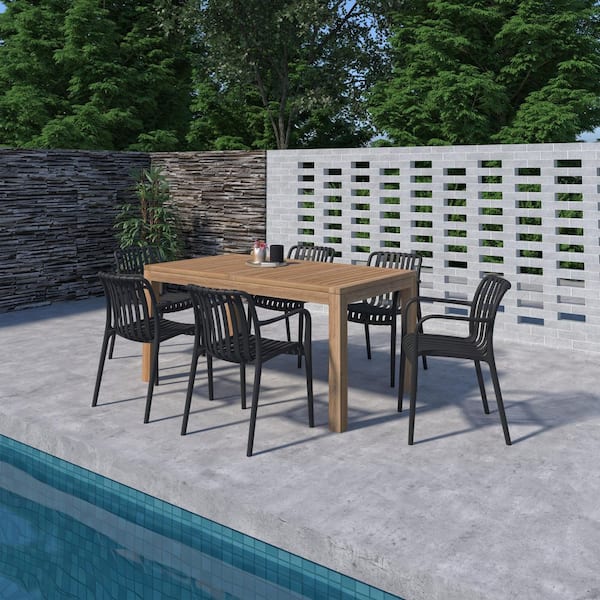 Georgette 7-Piece Solid Teak Wood 100% FSC Rectangular Patio Dining Set Black