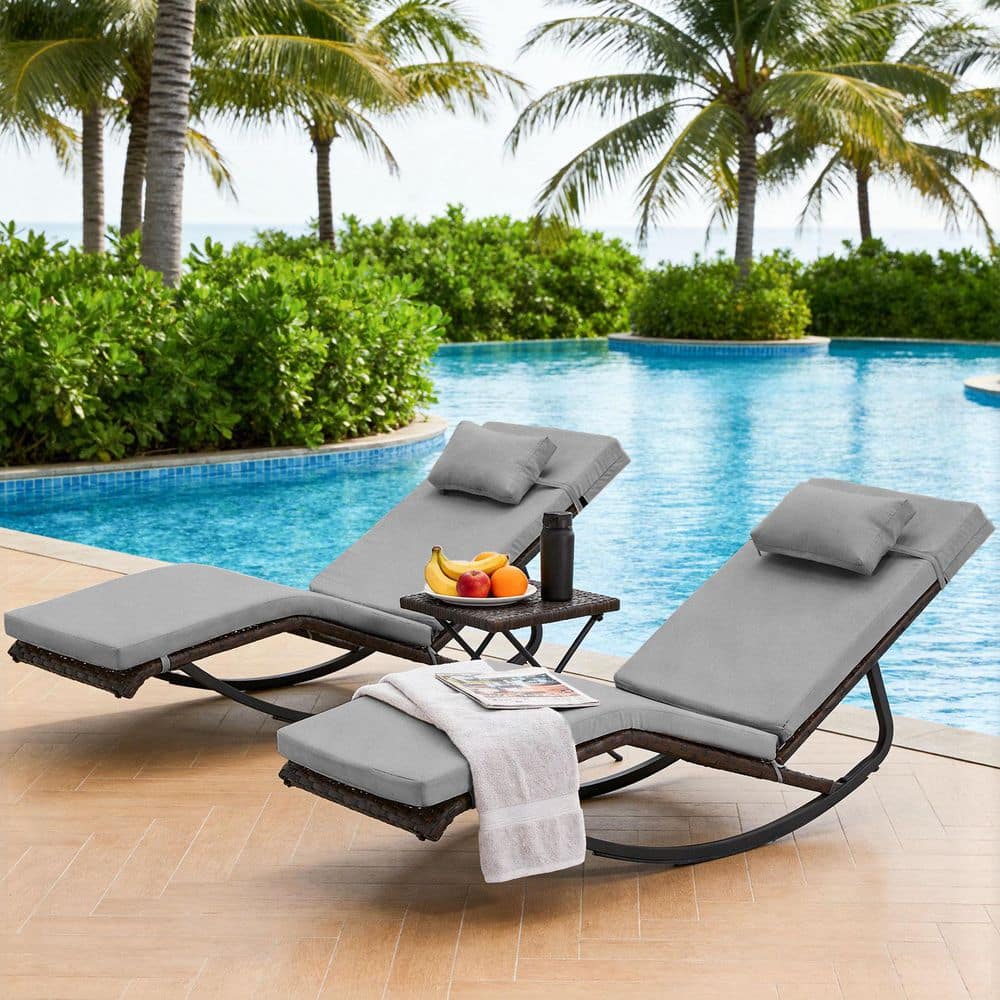 Wicker Outdoor Rocking Chair Reclining Lounge Chaise with Square Table Gray Cushions (3-Pieces/ Pack) price history on PriceWatchPro