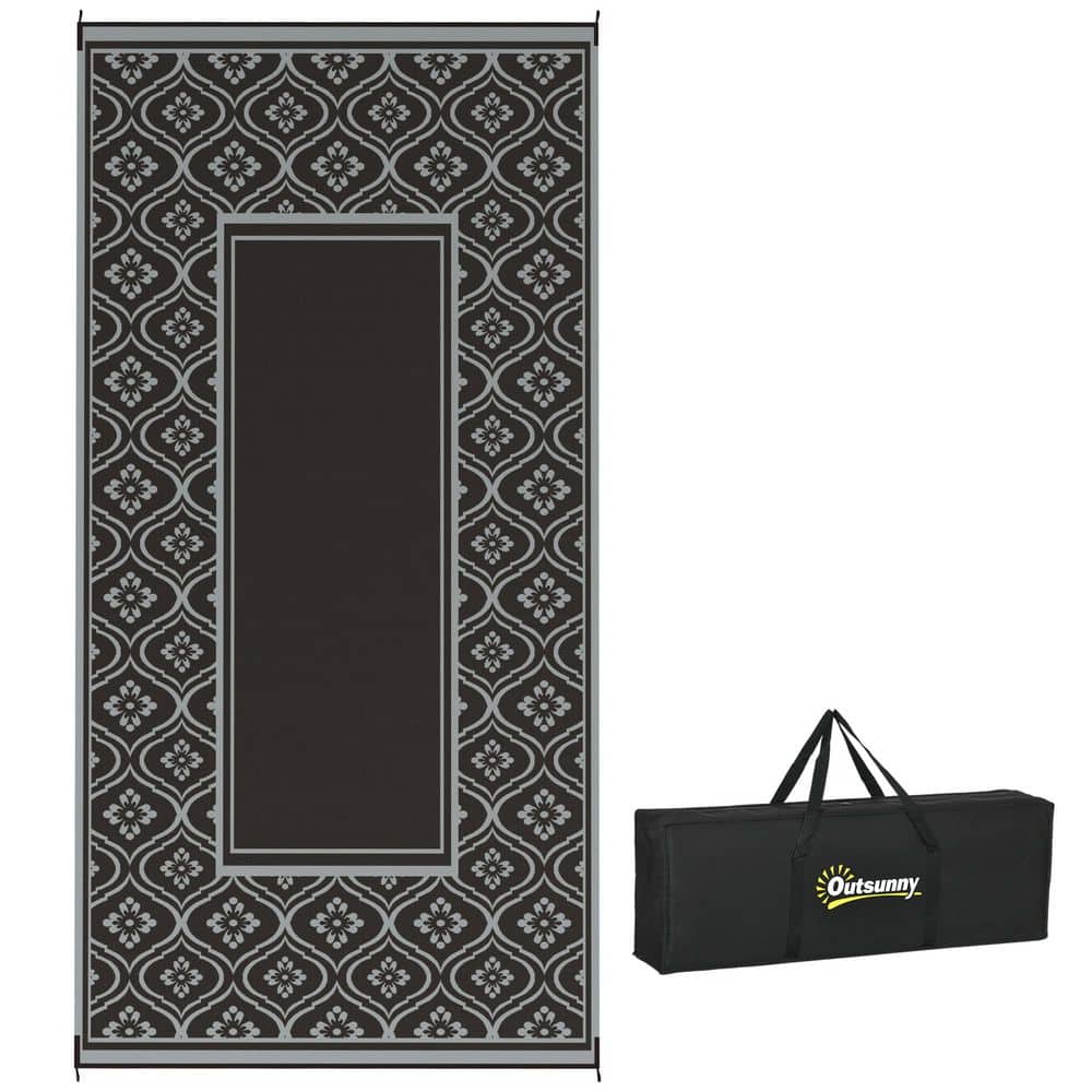 Black and Gray Gourd Border 9 ft. x 18 ft. Waterproof Plastic Straw Floor M