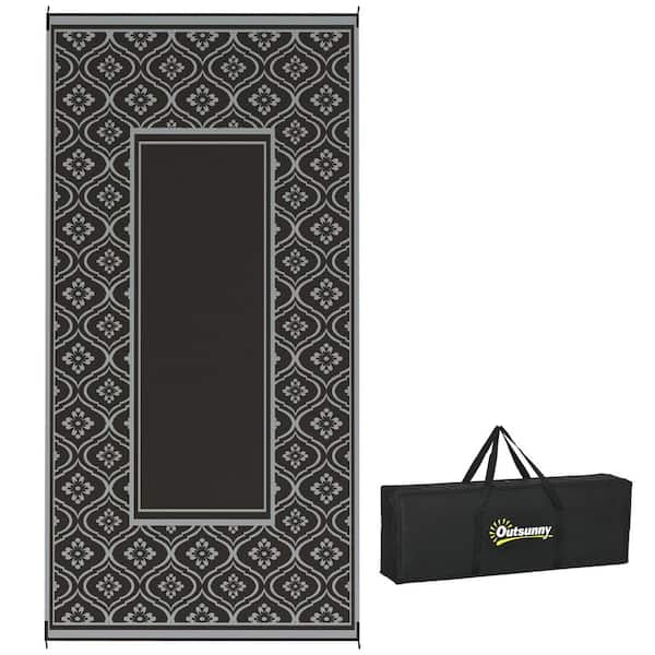 Outsunny Black and Gray Gourd Border 9 ft. x 18 ft. Waterproof Plastic Straw Floor Mat Large Reversible Outdoor Rug Area Rug