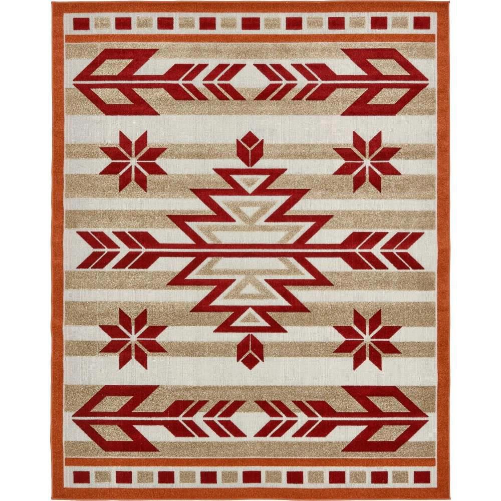 Burgundy and Beige Geometric 8' x 10' Outdoor Area Rug