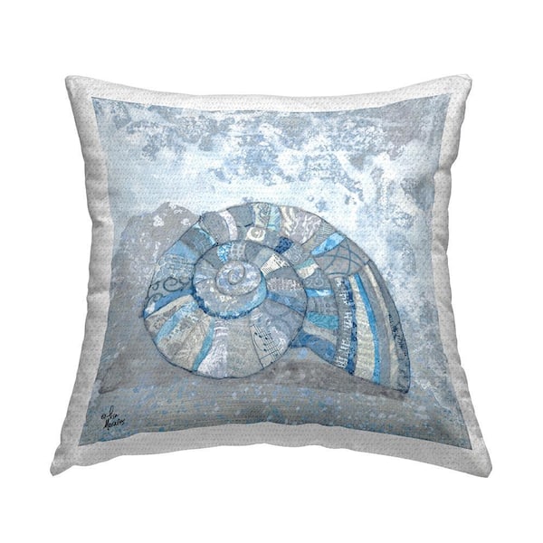 Collage Patterned Blue Nautical Spiral Seashell Blue Square Outdoor Throw Pillow