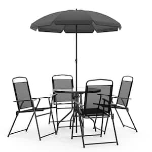 Nantucket Black Patio Conversation Set Table with Umbrella Hole and 4 Folding Chairs (6-Piece Set)