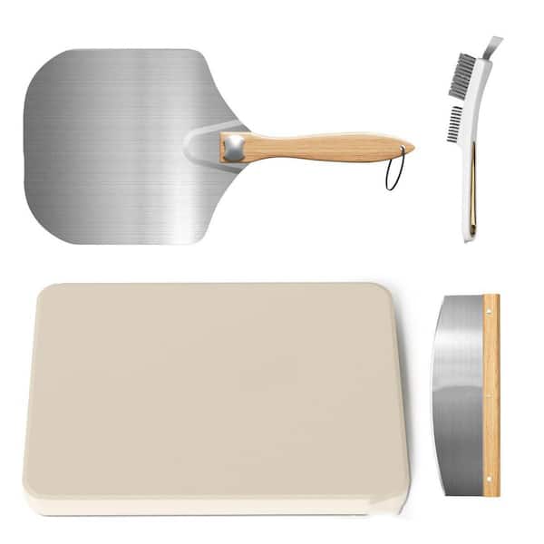 Black 4-Piece Pizza Accessory Set with 20" Pizza Stone, Peel, Cutter & Brush for Oven and Grill Baking