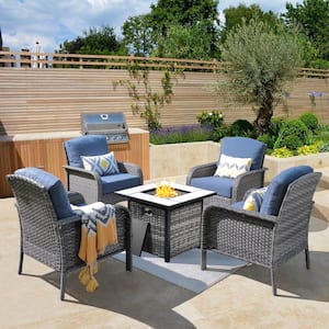 Hyacinth Gray 5-Piece Wicker Patio Outdoor Conversation Seating Set with a Square Fire Pit and Denim Blue Cushions
