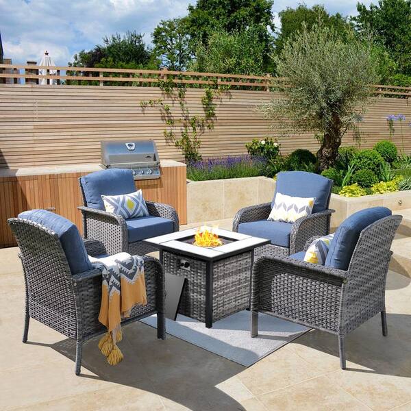 weaxty W Hyacinth Gray 5-Piece Wicker Patio Outdoor Conversation Seating Set with a Square Fire Pit and Denim Blue Cushions