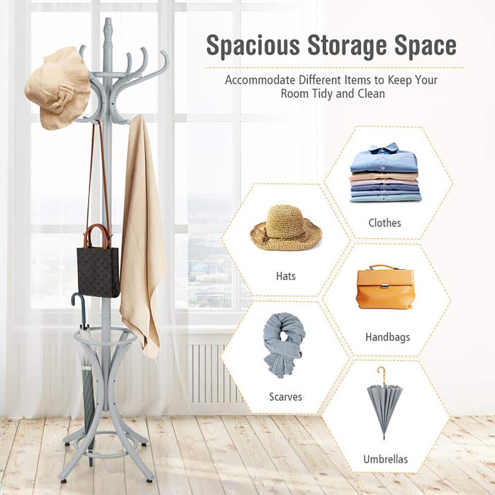 Gray Birch Wood Standing Coat Rack with Umbrella Holder