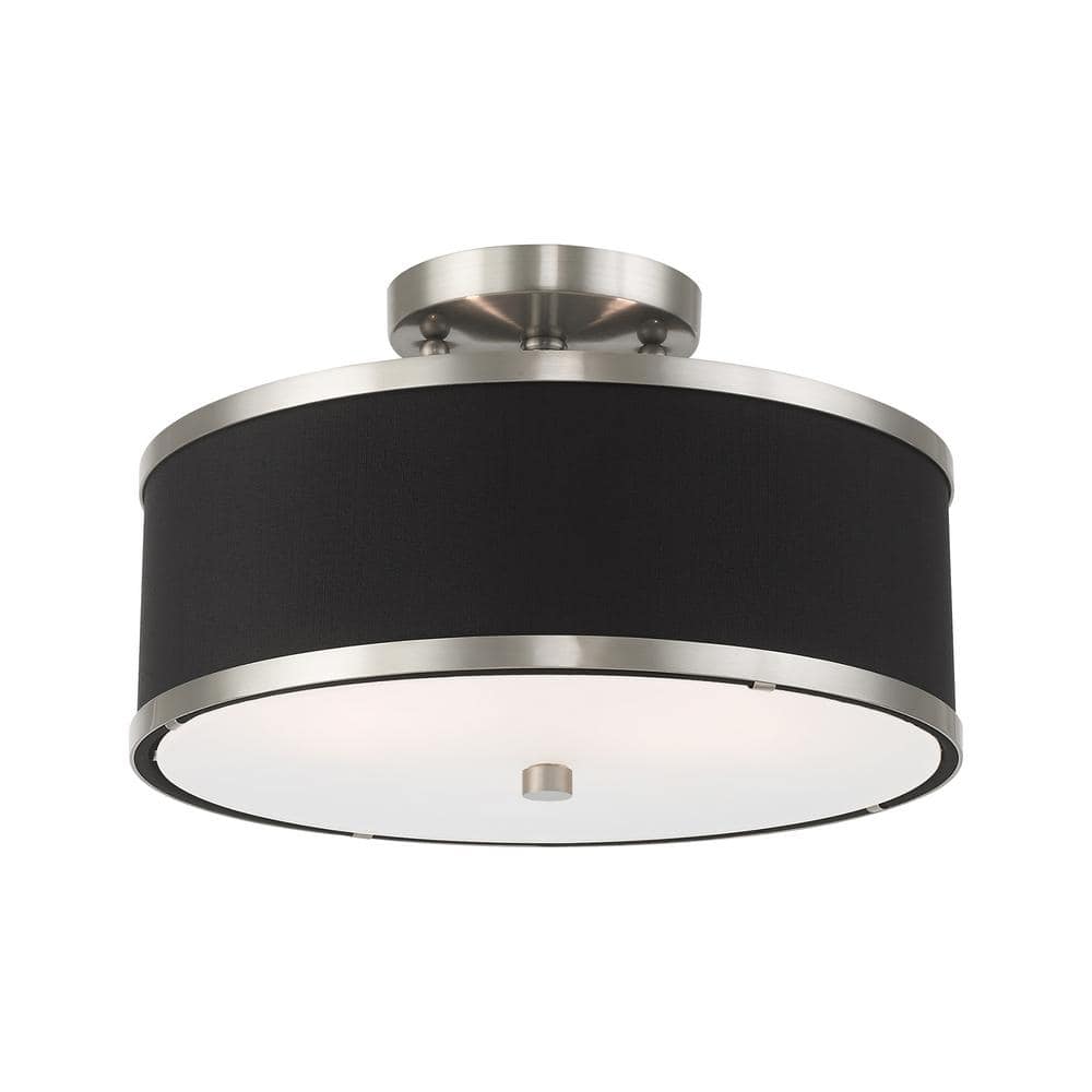 Brushed Nickel and Black Fabric 2-Light Semi-Flush Mount