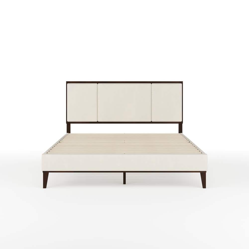 Queen Dark Brown and Beige Upholstered Wood Platform Bed