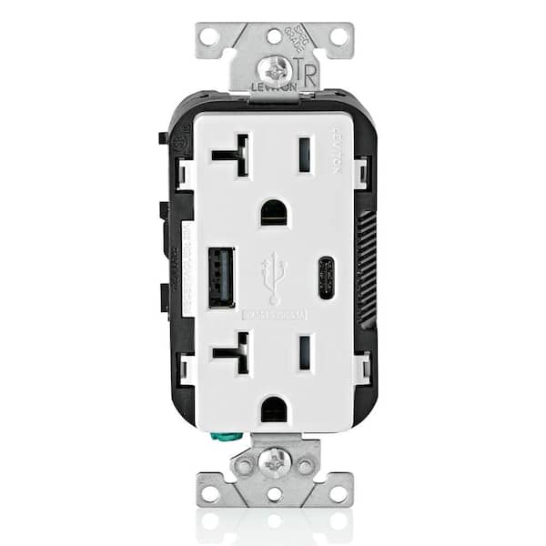 Leviton 20 Amp Tamper Resistant Duplex Outlet with Type A and Type-C USB Chargers, White