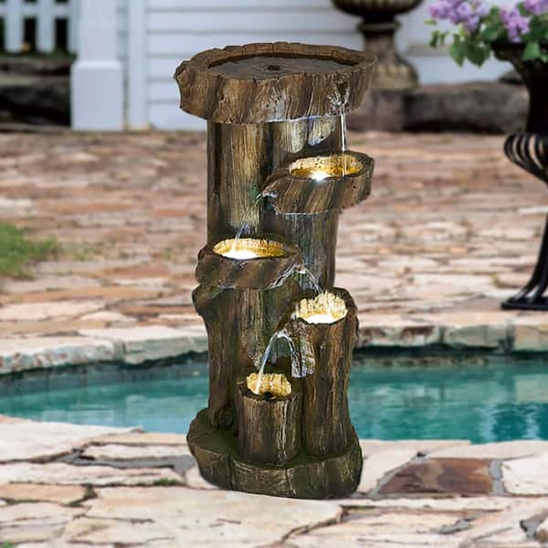 31.5 in. Rustic Decorative Tree Trunk Water Tiered Fountain with Light and Pump