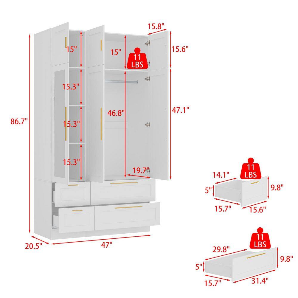 White Wood 47 in. W Armoire, Wardrobe with 4-Drawers, 6-Shelves, 1-Mirrored Door, 1-Hanging Bar and 5-Normal Doors - thumbnail 4