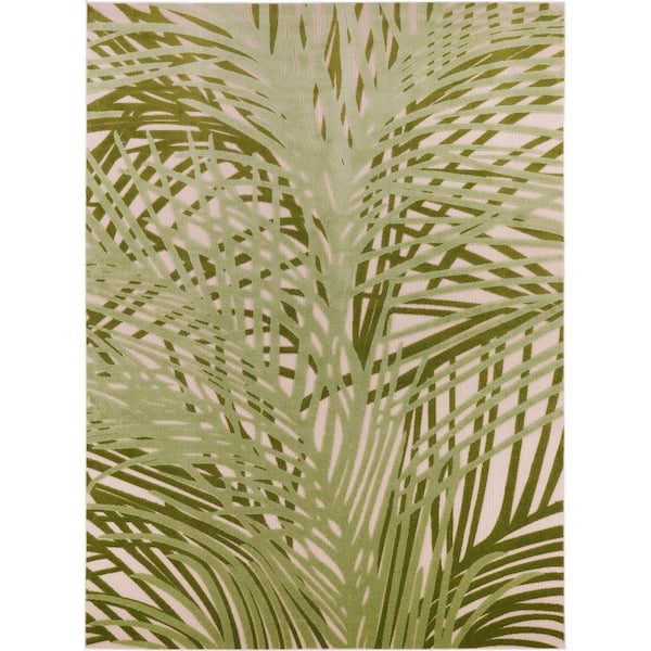 Aloha Ivory Green 12 ft. x 15 ft. Botanical Contemporary Area Rug