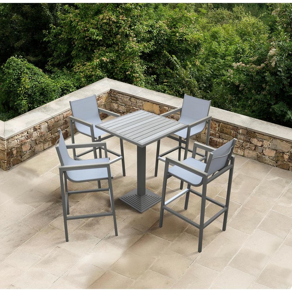 Marina Gray Aluminum Outdoor Bar Stool with Wood Accents
