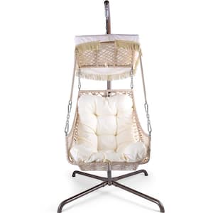 Indoor Outdoor Patio Wicker Swing Egg Chair with Type Bracket and with Beige Cushion