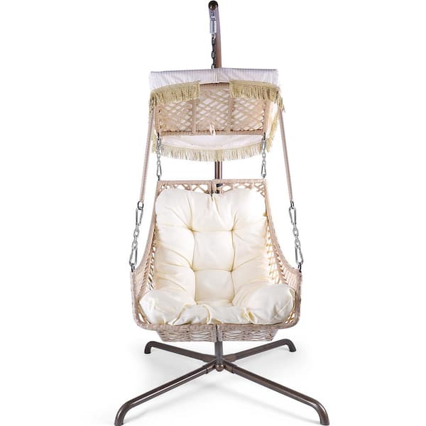 Sudzendf Indoor Outdoor Patio Wicker Swing Egg Chair with Type Bracket and with Beige Cushion