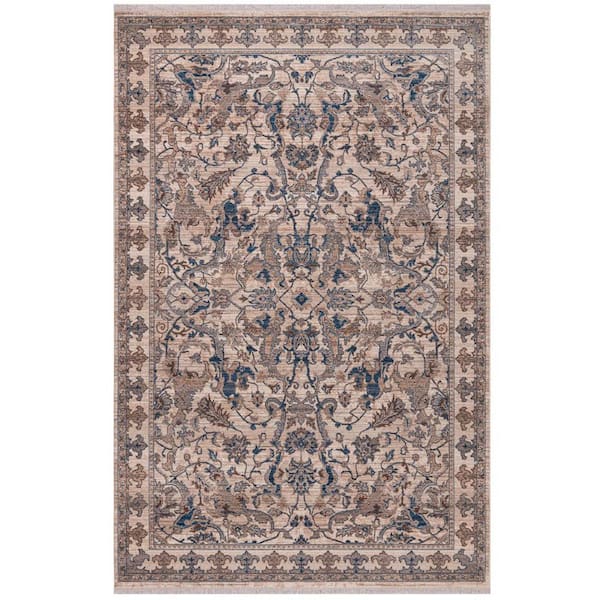 9 ft. x 13 ft. Tan And Blue Oriental Area Rug With Fringe