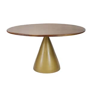 Gio 54 in. Elm Stain Round Wood Top with Gold Cast Aluminum Pedestal Base Dining Table
