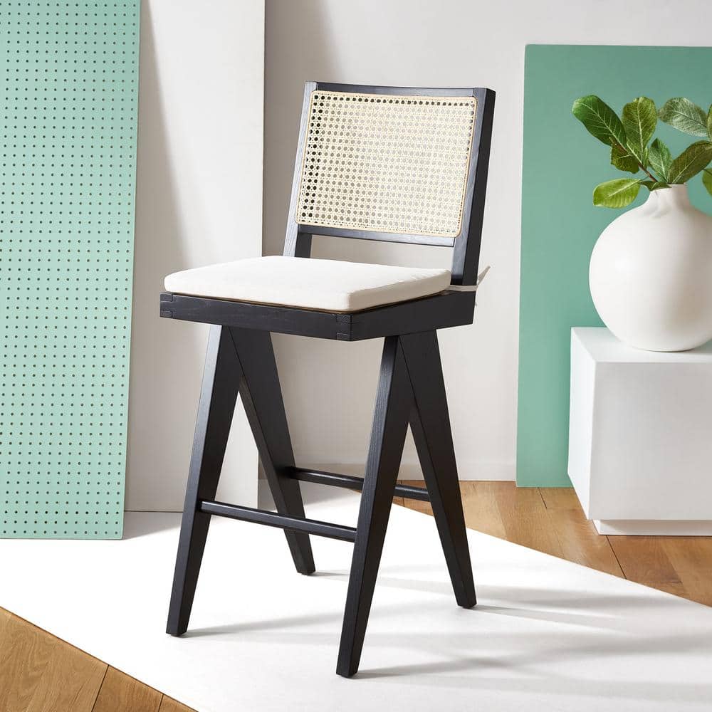 Colette Black and Natural Wood Bar Stool with Rattan Back