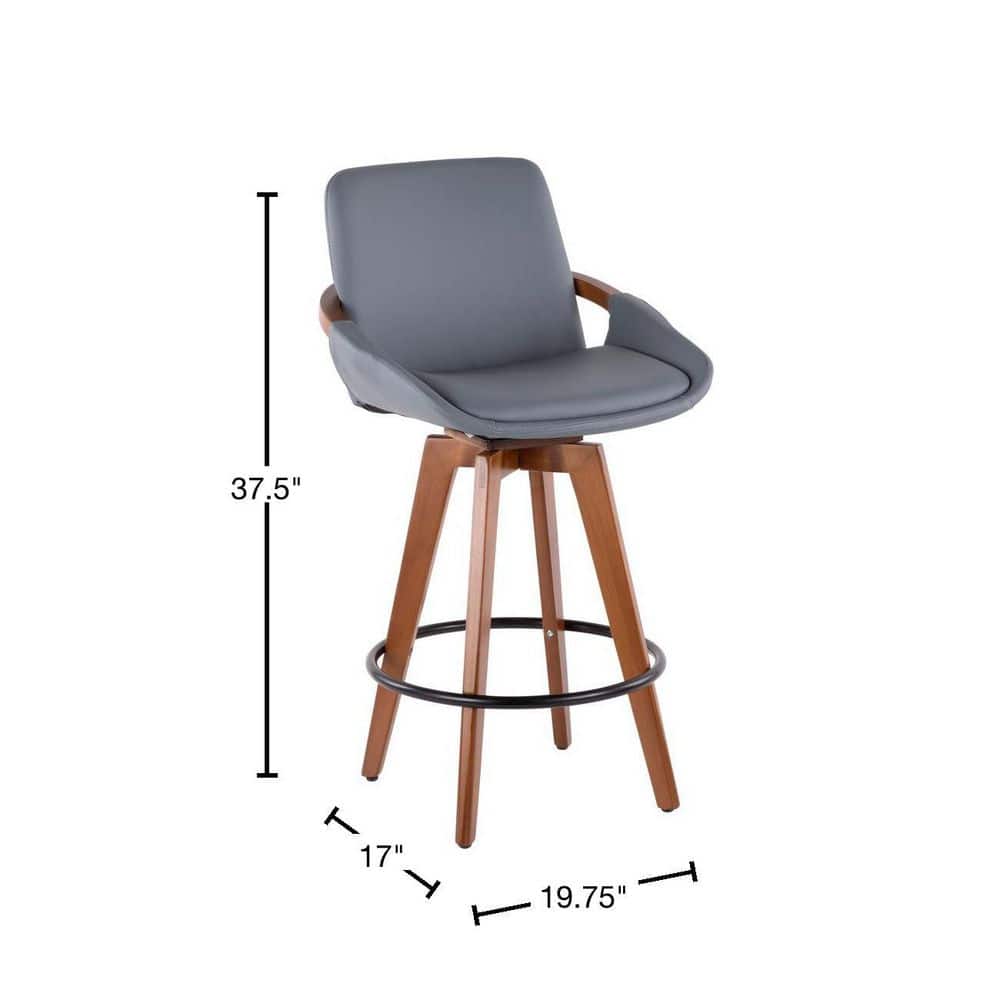 26" Gray Faux Leather and Walnut Wood Swivel Counter Stool
