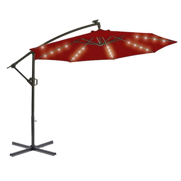 PASAMIC 10 ft. Solar LED Offset Hanging Umbrella Cantilever Patio Umbrella with Tilt Adjustment and Cross Base in Burgundy
