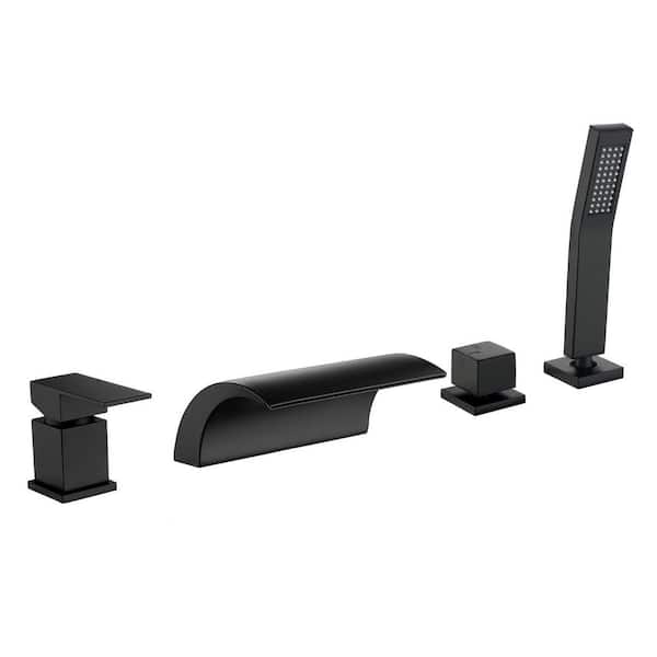 Miscool Ami Single Handle Deck-Mount Roman Tub Faucet with Handshower and Waterfall Spout in Matte Black