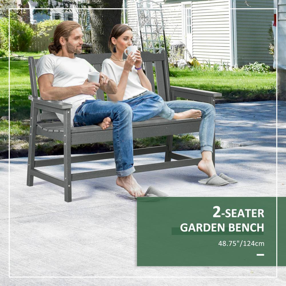 Dark Gray HDPE 2-Person Outdoor Garden Bench with Slatted Back and Armrests