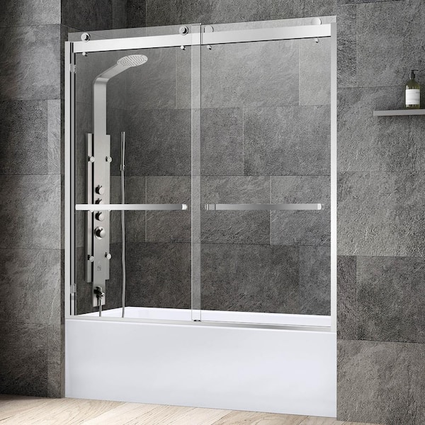 WOODBRIDGE 60 in.W x 62 in.H Double Sliding Frameless Tub Door in Polished Chrome with 3/8 in. (10 mm) Clear Tempered Glass