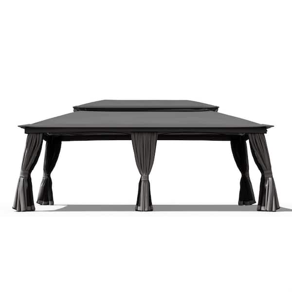 20 ft. x 10 ft. Gray Outdoor Double Vented Roof Gazebo with Curtains and Mosquito Netting