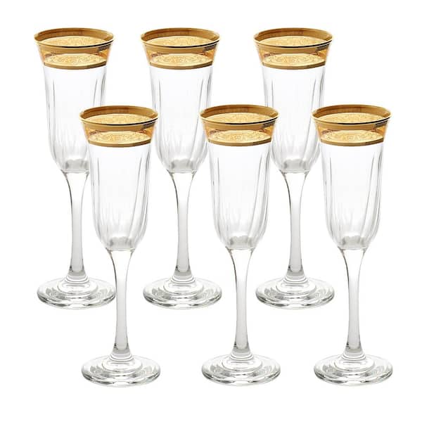 Set of 6 Hand Made 24%Lead Crystal Champagne Glasses in Multicolor w/Drape Cut 