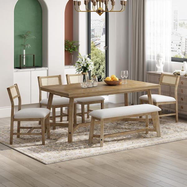 Retro 6-piece Brown MDF Top Dining Set, Include Rectangular Table and 4 Upholstered Chairs with Rattan and Bench