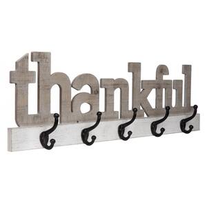 Rustic Thankful Gray Wood Decorative Sign with Hooks