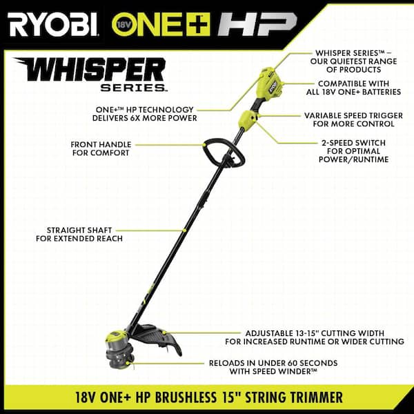 RYOBI ONE+ HP 18V Brushless Whisper Series String Trimmer w/ Extra