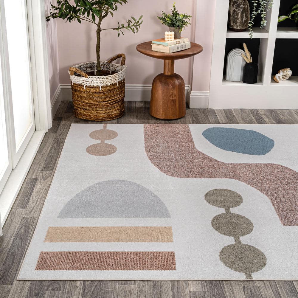 Cream and Multi Abstract Washable Kids Area Rug 4' x 6'