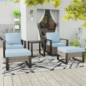 5-Piece Wicker Outdoor Sectional Sofa Set Swivel Rocking with Light Blue Cushions