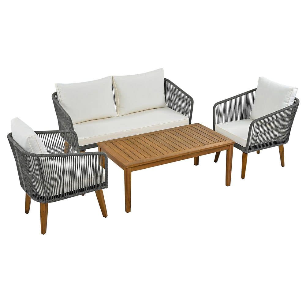 4-Piece Gray Solid Wood Patio Conversation Set with Beige Cushions, 2 Chair