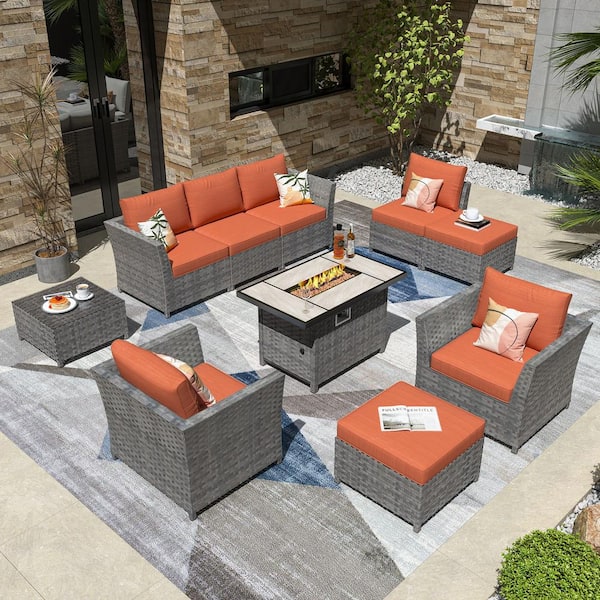 OVIOS Bexley Gray 10-Piece Wicker Rectangle Fire Pit Patio Conversation Seating Set with Orange Red Cushions